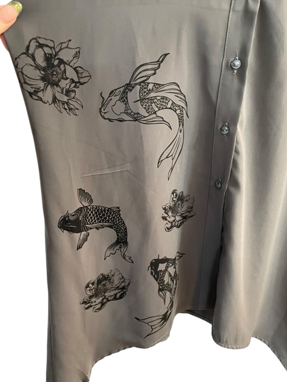 Koi Fish Button Down Shirt Santita Gray Green Asymmetrical Artsy Minimalist M L - Picture 4 of 4